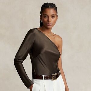 Polo Ralph Lauren Satin One-Shoulder Top Blouse Sz 14 Minimalist Modern Elegant